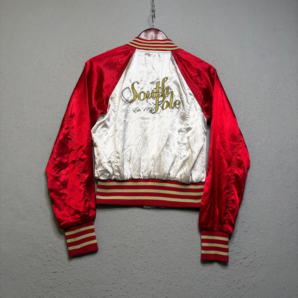 Southpole Varsity Bomber Jacket Womens M Red White Y2K Satin Embroidered Zip Up